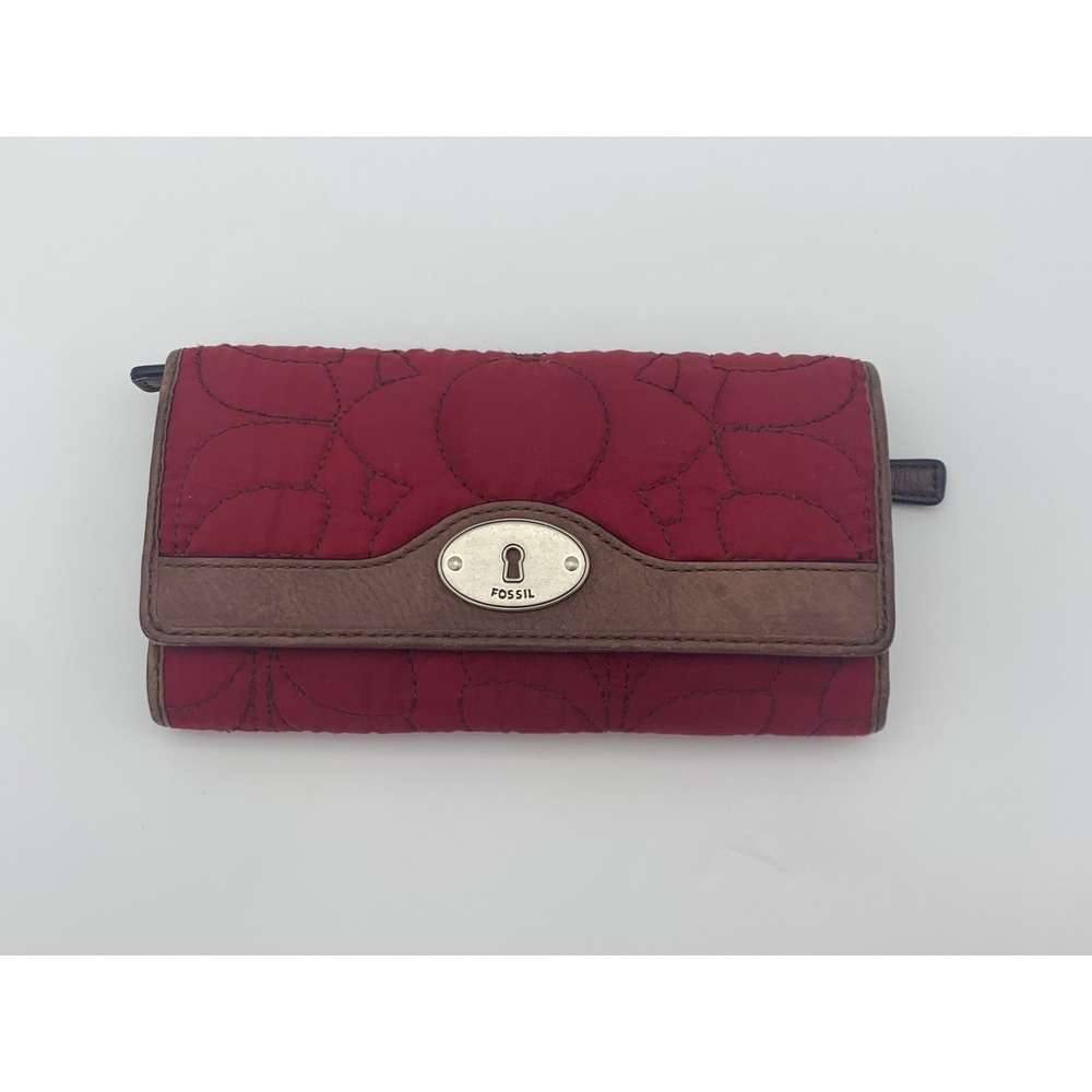 Fossil Key-Per Trifold Wallet Red Quilted Nylon Brown Leather‎ Trim SL3212